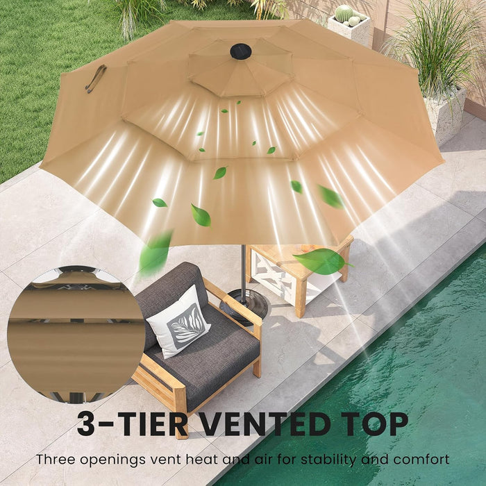 Outdoor Solar Patio Umbrella 3 Tiers with 32 LED Lights, Beach Market Table Umbrella with Crank and 8 Sturdy Ribs for Pool, Terrace, Restaurant