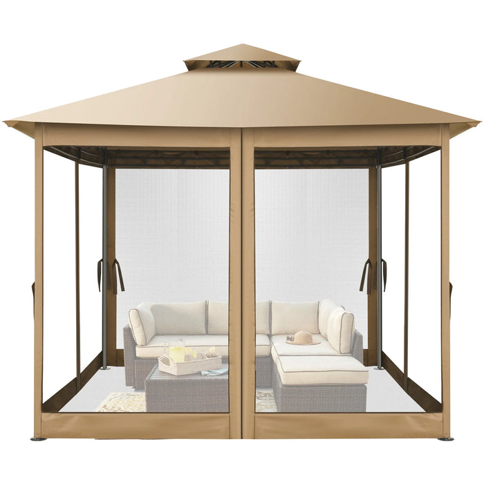 10'X10' Outdoor Gazebo Canopy, Canopy Tent with Mosquito Netting,Screened Gazebo with Corner Shelf Stable Steel Frame Double Roof Tops, Shade Tent for Party, Backyard, Patio Lawn, Garden,Khaki