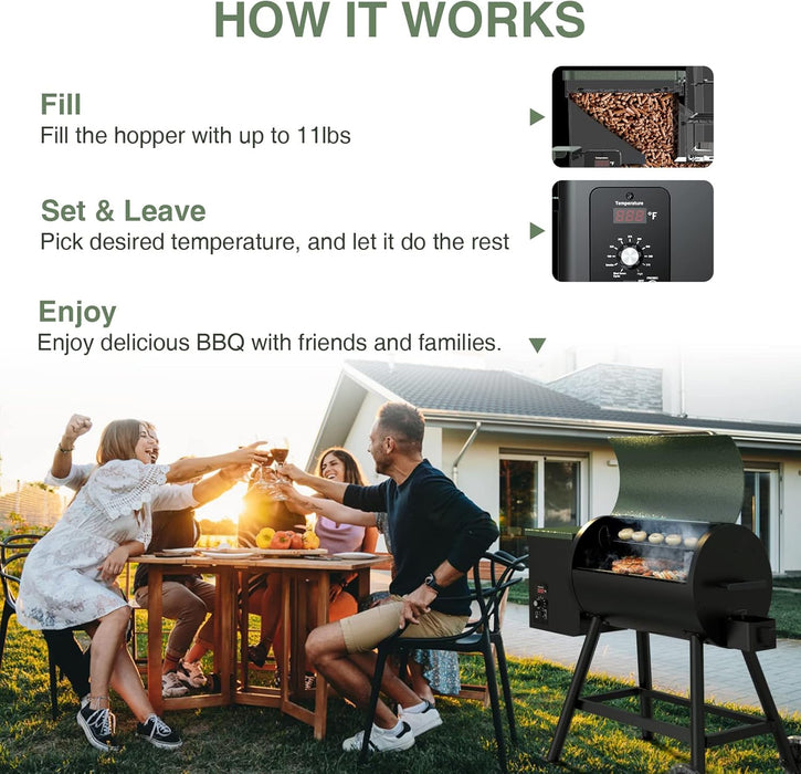 Wood Pellet Grill & Smoker 8-In-1 Pellet Grill with Automatic Temperature Control, & Rain Cover 456 Sq in Area for Backyard Camping Outdoor