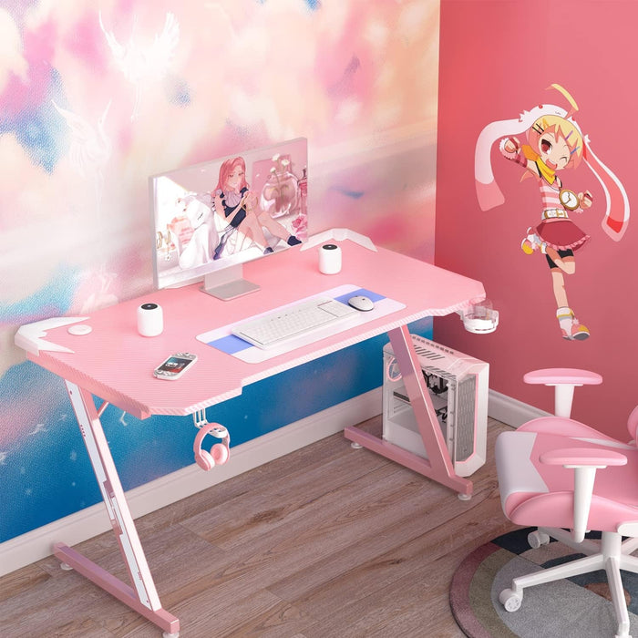 Gaming Computer Desk with Carbon Fiber Surface, Gaming Table Z Shaped Pc Home Office with Cup Holder&Headphone Hook(44 In, Pink)