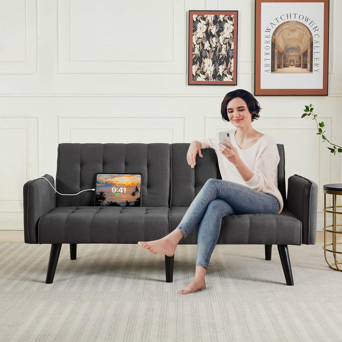 65Inch CharcoalGrey Upholstered ConvertibleSleeper Sofa
