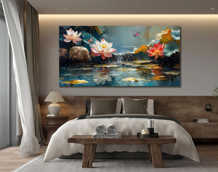 Lotus Canvas Wall Art for Living Room, Zen Yoga Wall Decor Landscape Painting Textured Artwork for Christmas Gift Spa Bedroom Hallway Kitchen Office Home Decor 58"X29"