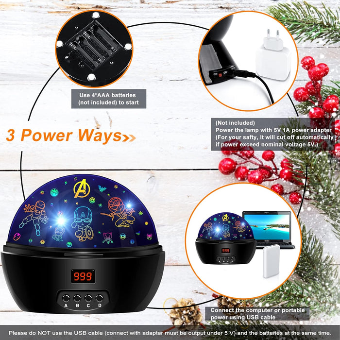 Kid Light Projector Superhero Toys for Boys 5-7 Avengers Night Light Projector with Timer for Kids Room, 360 Degree Rotation Toddler Nightlights with Spiderman Figurine Star Lamps