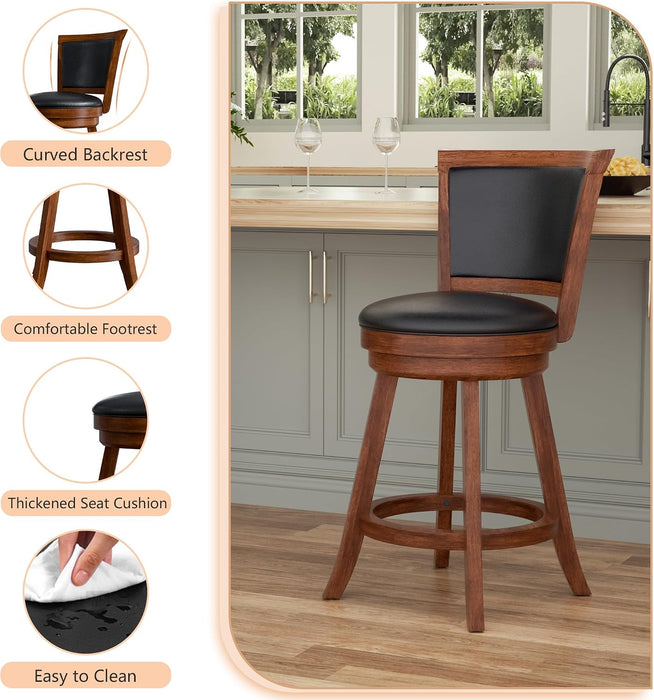 Swivel Bar Stools Set of 2, 24" Counter Height Swivel Barstools with Back & Faux Leather Upholstered Seat, Island Chairs with Solid Wood Legs & Footrest for Kitchen, Dining Room, Pub, Brown
