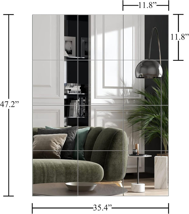 Home Gym Mirrors 12 Inch X 12Pcs Wall Mounted Mirror Glass Frameless Full Length Mirror Tiles for Home Gym, Bedroom, Door & Bathroom