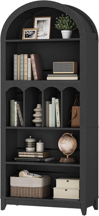 70.9" Tall Arched Bookcase, Wooden Open Display Shelves, Black | 5-Tier Book Shelf with Storage, Farmhouse Arched Cabinet for Bedroom, Home Office, Living Room
