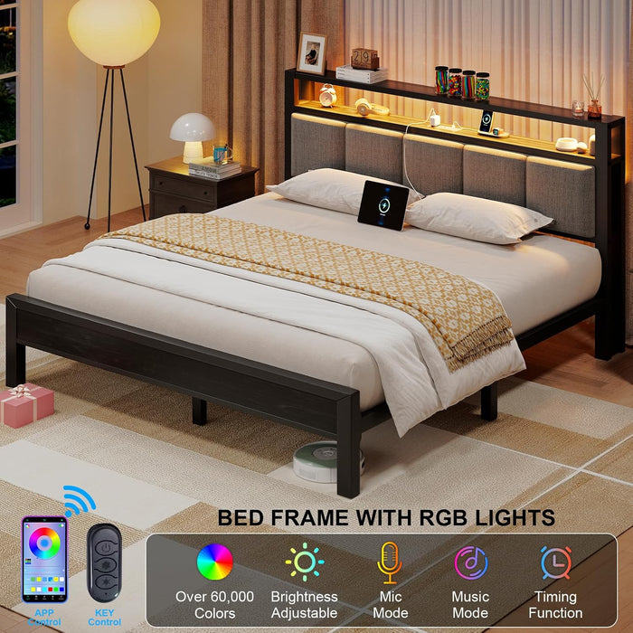Full Size Bed Frame with LED Lights and Charging Station, Grey