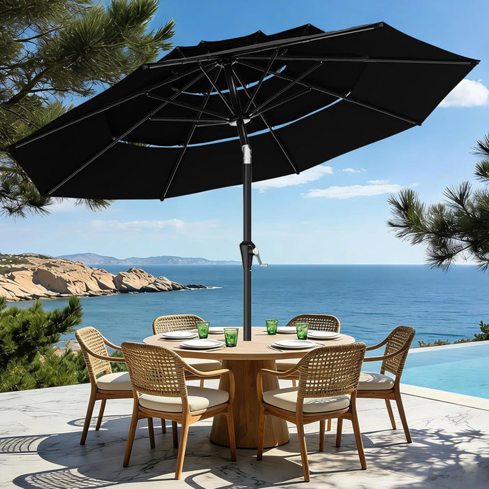 9Ft 3-Tier Patio Umbrellas, Outdoor Umbrella with 8 Sturdy Ribs UV Protection Windproof, Market Table Umbrella W/Push Button Tilt & Crank for Pool, Porch, Deck, Garden(Black)