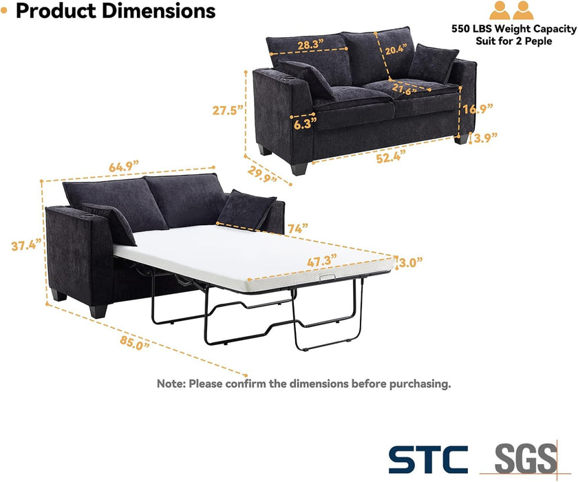 65 Inch Transformable Sofa Bed MemoryFoam Mattress
