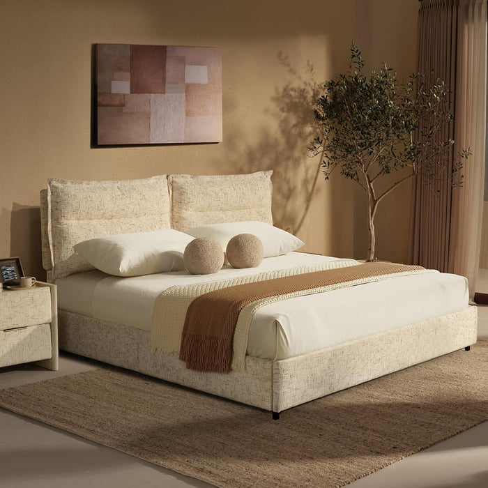 King Size Bed Frame with 4 Storage Drawers & Headboard with Dual Cushions, Freya Collection Upholstered Platform Bed, Oeko-Tex, Noise-Free, No Box Spring, Stone Beige