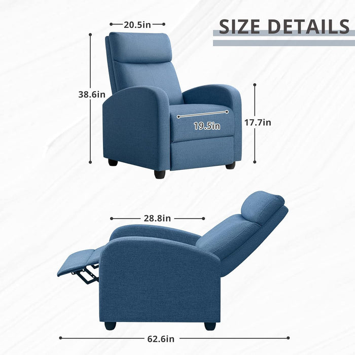 Recliner Chair Adjustable Home Theater Single Recliner Sofa Furniture with Thick Seat Cushion and Backrest Modern Living Room Recliners (Fabric, Light Blue)