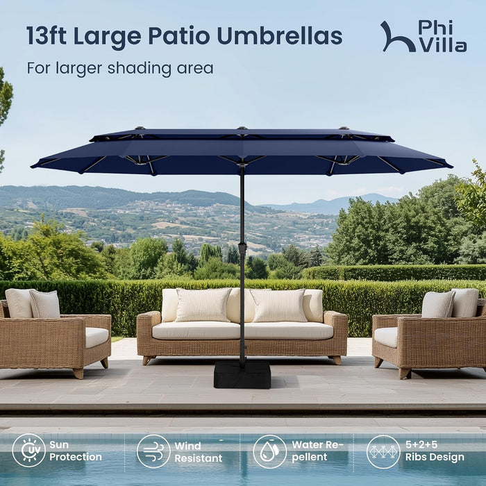 13Ft 2-Tier Outdoor Patio Umbrella with Base Included, Navy Blue | Large, Double-Sided, Rectangle, Rectangular, for Table Market, with Stand, Triple-Head, Windproof, for outside Poolside Lawn