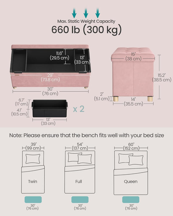 Storage Ottoman Bench, Folding Storage Chest, 15 X 30 X 15.2 Inches, Foot Rest Stool, 20 Gal. (77 L), Velvet Surface, for Bedroom, Entryway, Living Room, Jelly Pink ULSF0517R01