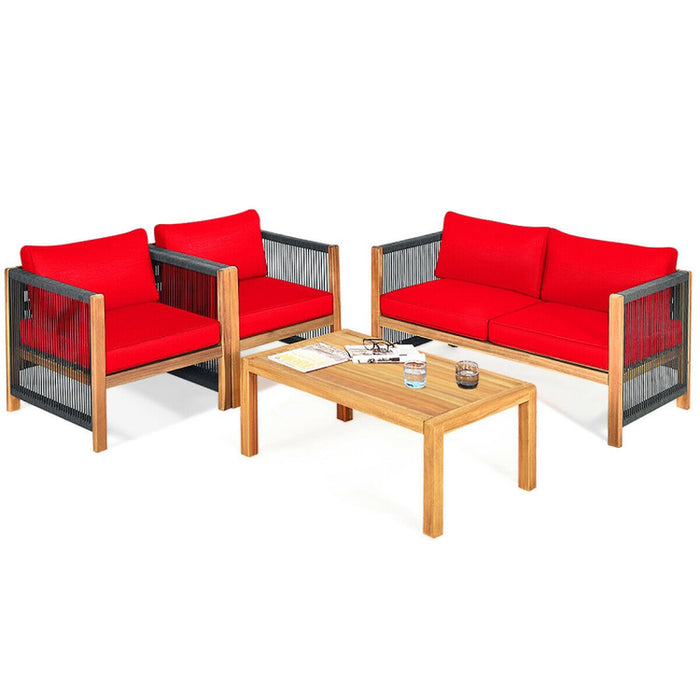 4 Pieces Acacia Wood Sofa Set with Cushions for Outdoor Patio