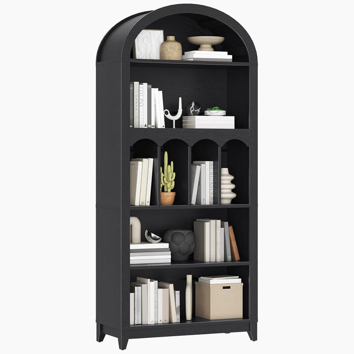 Arched Bookshelf, 70.9" Tall Arch Bookcase with Storage, 5-Tier Farmhouse Book Shelf, Modern Arched Cabinet, Wooden Bookshelf with Open Display Shelves for Living Room, Office, Black BK53SJ01