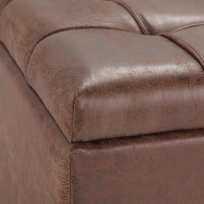 Harrison 36 Inch Wide Transitional Square Coffee Table Storage Ottoman in Distressed Umber Brown Vegan Faux Leather, Assembled, for the Living Room and Bedroom