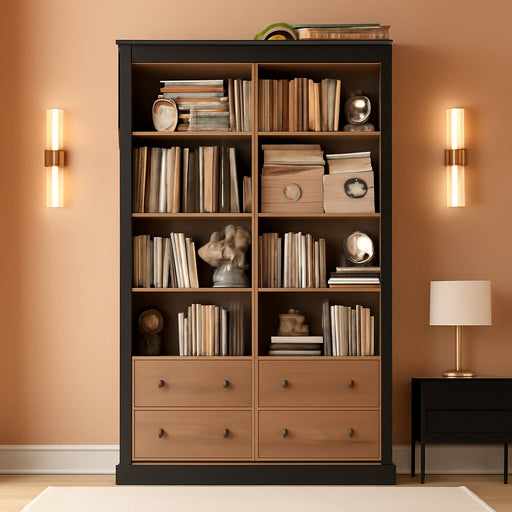 71" Tall Bookshelf with 4 Drawers Large Bookshelf Office Bookcase | 6-Tier Double Wide Bookshelves and Bookcases with Storage, Tall Bookshelf Standing Book Cabinet for Home Office, Brown/Black