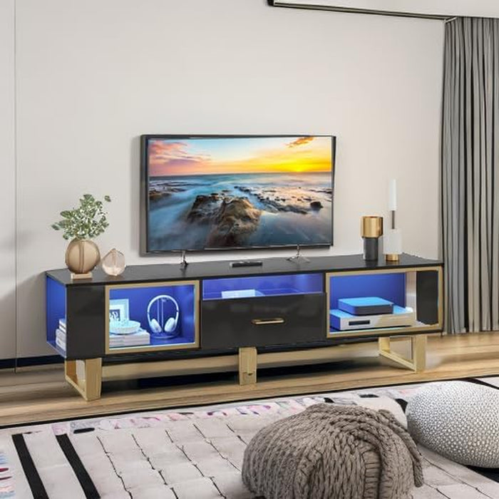 70 Inch TV Stand with LED Lights for 75 Inch TV, LED Entertainment Center with Open Storage and Half-Glass Design Drawer, Modern High Gloss TV Console for Living Room Bedroom, Black and Gold