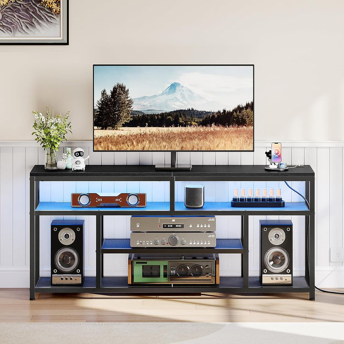 LED TV Stand with Charging Station, 4-Tier Entertainment Gaming Center, Modern Media Console Table, Open Shelves, 55.1"L X 13.8"W X 26.2"H, for Tvs up to 65", for Living Room, Black BB47UDDS01