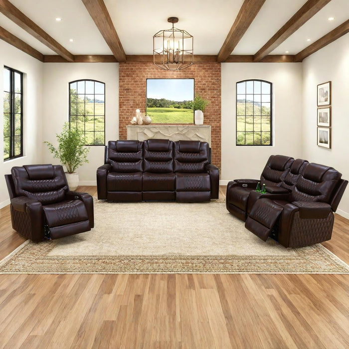 Living Room Furniture Set, Power Reclining Sofa Set, Air Leather Recliners with Built-In USB Ports and Storage Console, LED Reclining Couch Set for Living Room (Wine, Sofa Loveseat Chair)