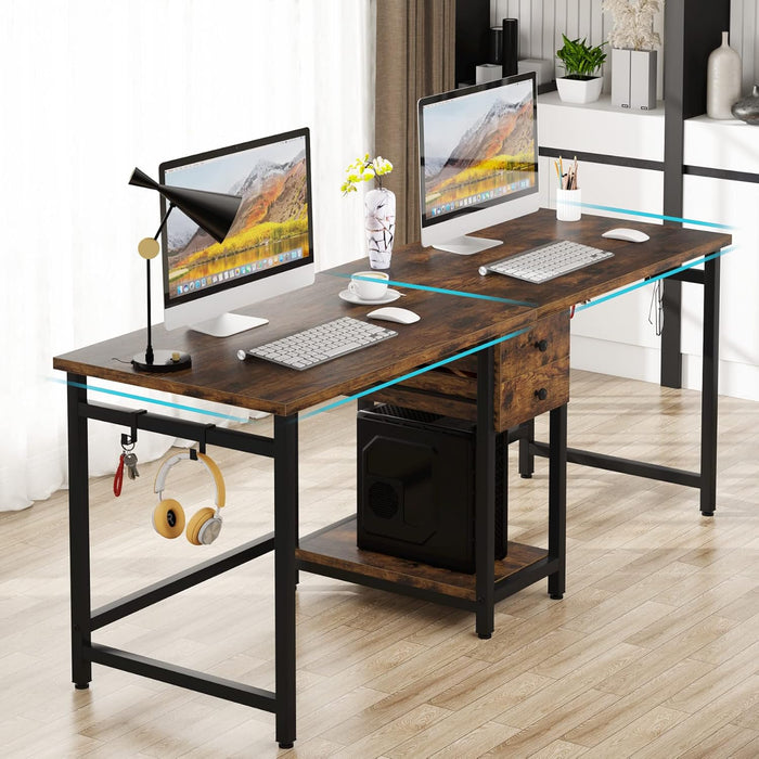 79" Double Desk, Two Person Desk with Storage Drawer, Long Desk Home Office Desks for 2 Person, Rustic Brown