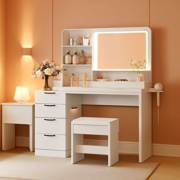 Makeup Vanity Desk with Mirror and Lights, L- Shaped Vanity, Modern Vanity Table with 5 Drawers & Adjustable Shelves, Power Outlet with Fast Charging, for Bedroom (White)
