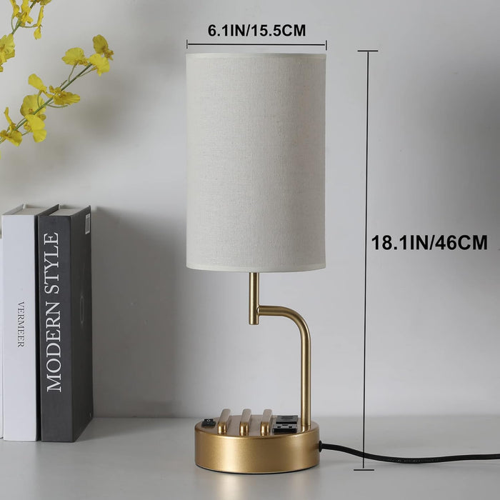 Table Lamp with 3 USB Charging Ports, Modern Desk Lamp with AC Outlet and Phone Stands, Perfect Bedside Lamp for Bedroom, Living Room, Office (Pack of 2), Gold
