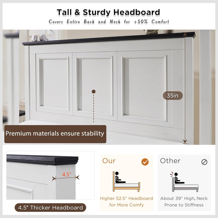 Farmhouse Queen Size Bed Frame with 52" Tall Headboard, Wood Platform Bedframe with Footboard and Storage Drawers, No Squeak, No Box Spring Needed, off White