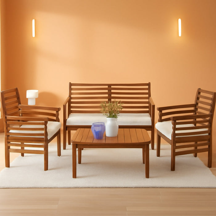 Outdoor Wood Sofa Set Patio Conversation Sets Acacia Patio Sofas Set with Thick and Soft Cushions Easy to Assemble Patio Furniture Set Natural Acacia Wood Compact and Sturdy Design Furniture Set