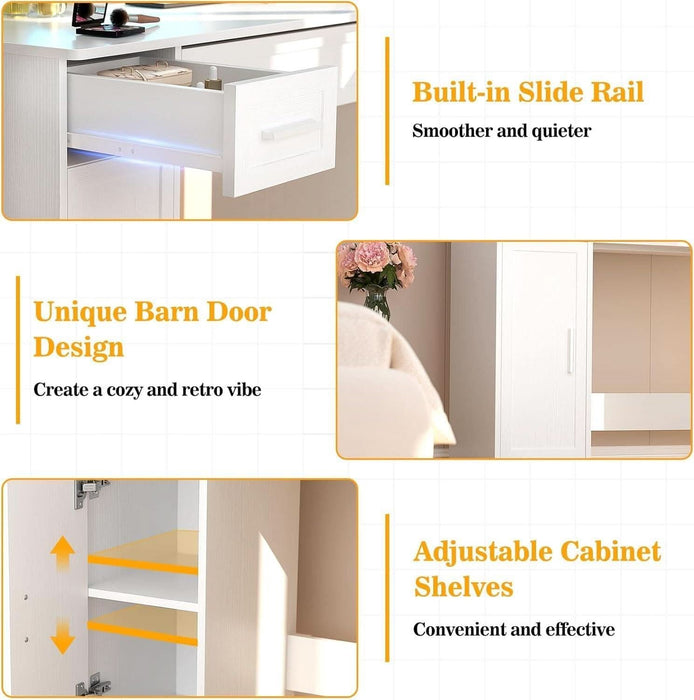 Vanity Desk with Mirror & Lights, 42" Large Farmhouse Vanity with RGB Lights & 3 Drawers, Makeup Dressing Table with Charging Station, 3 Lighting Modes for Women Girls Bedroom