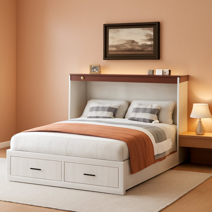 Queen Size Murphy Bed Frame, Farmhouse Wood Queen Beds with Charging Station, Drawer, Queen Foldable Platform Bed, White