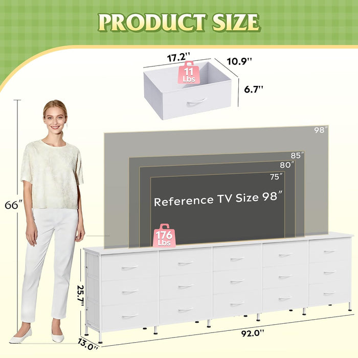 92 Inch Dresser TV Stand for 98 Inch TV, 15 Drawer Dresser, White