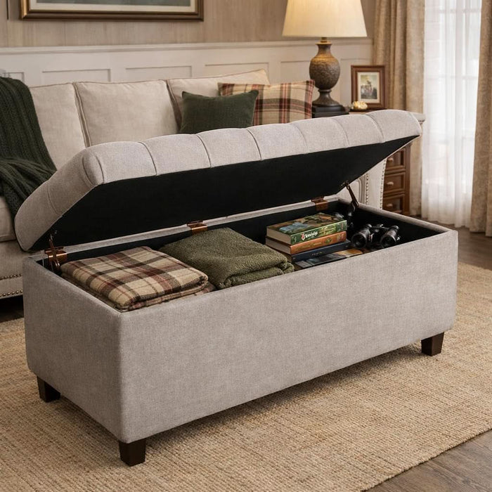 Home Decor | Tufted Ainsley Button Storage Ottoman Bench with Hinged Lid | Ottoman Bench with Storage for Living Room & Bedroom, Grey
