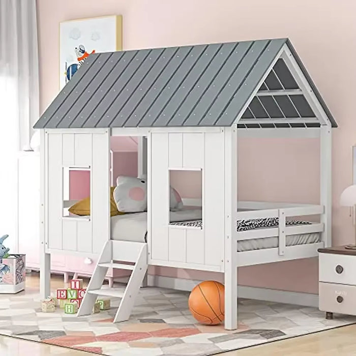 Wooden Twin House Bed Frame White/Grey Roof Boys and Girls Playhouse Design Semi-Enclosed Space No Box Spring Needed Sturdy Pine