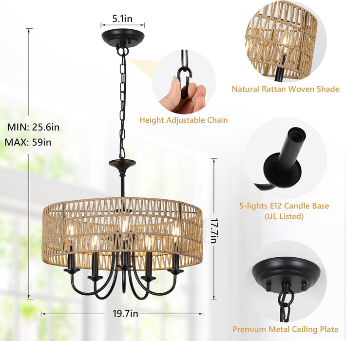 Modern Farmhouse Chandelier Light Fixtures, 5-Lights Large Rattan Pendant Lighting with Hand Woven Wicker Shade, Boho Black Chandeliers for Dining Room Living Room Kitchen Island Bedroom