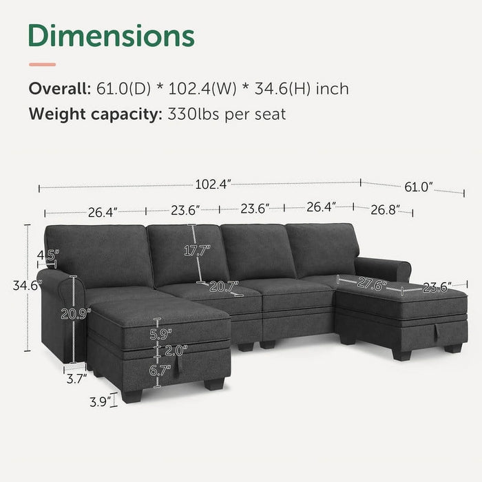 102.4" Reversible Sectional Sofa Couch Set with Storage L/U Shaped Sofa for Apartment, Dark Grey