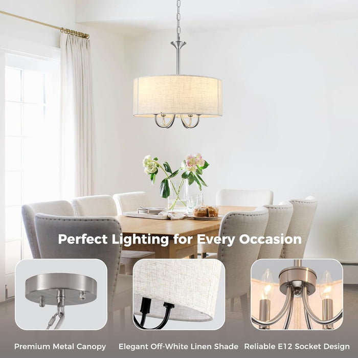 Brushed Nickel Drum Chandelier 16-Inch Linen Shade
