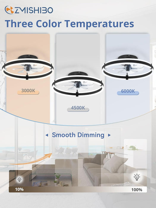 Ceiling Fans with Lights and Remote, 19.7'' Low Profile Ceiling Fans, 3000-6000K Dimmable Modern Flush Mount LED Fan Light, 6 Wind Speeds, Black Fandelier Ceiling Fans with Lights for Bedroom