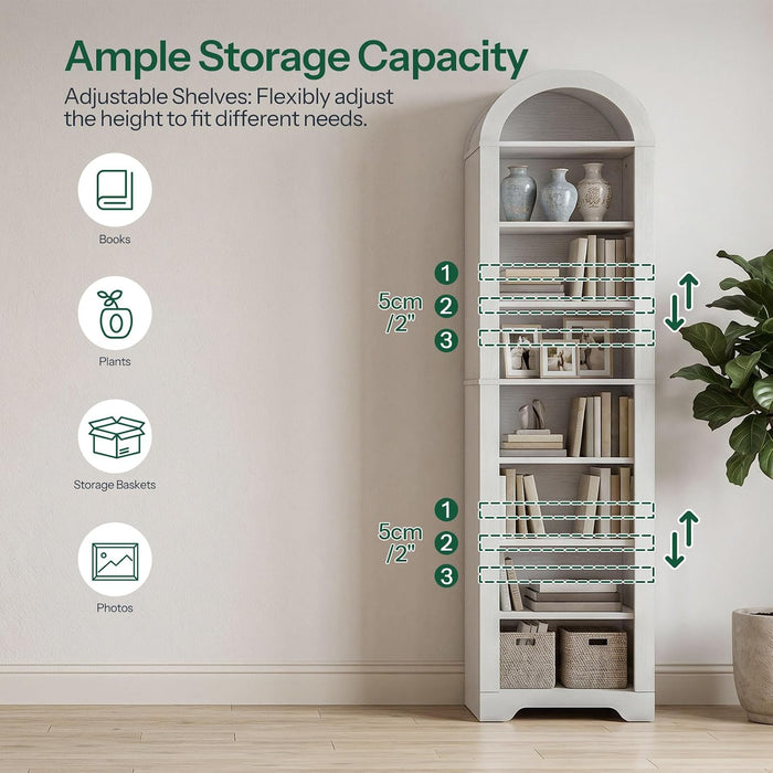 70.7'' Arched Bookcase, Modern Bookcase, Narrow Bookcase with Open Shelves, 8-Tier Tall Arched Bookshelf with Adjustable Shelves for Living Room, Home Office, White WT438SJ01