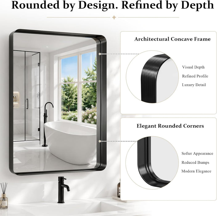 30X40 Inch Black Bathroom Mirror Metal Framed, HD Tempered Glass