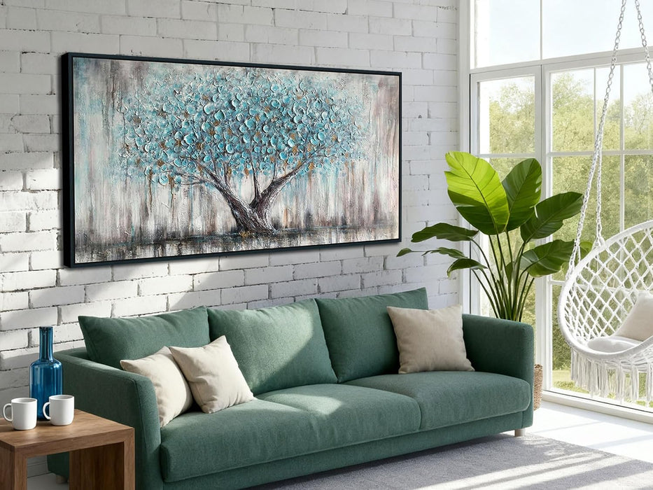 Framed Teal TreeOfLife CanvasArtwork Wall Art 58x29