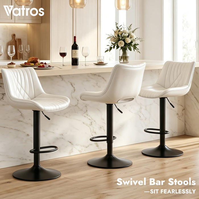 Swivel Bar Stools Set of 2, Height Adjustable Counter Height Bar Stools with Open Back and Footrest, Premium Faux PU Leather, Modern Upholstered Bar Chairs for Kitchen Island/Bar/Counter, White