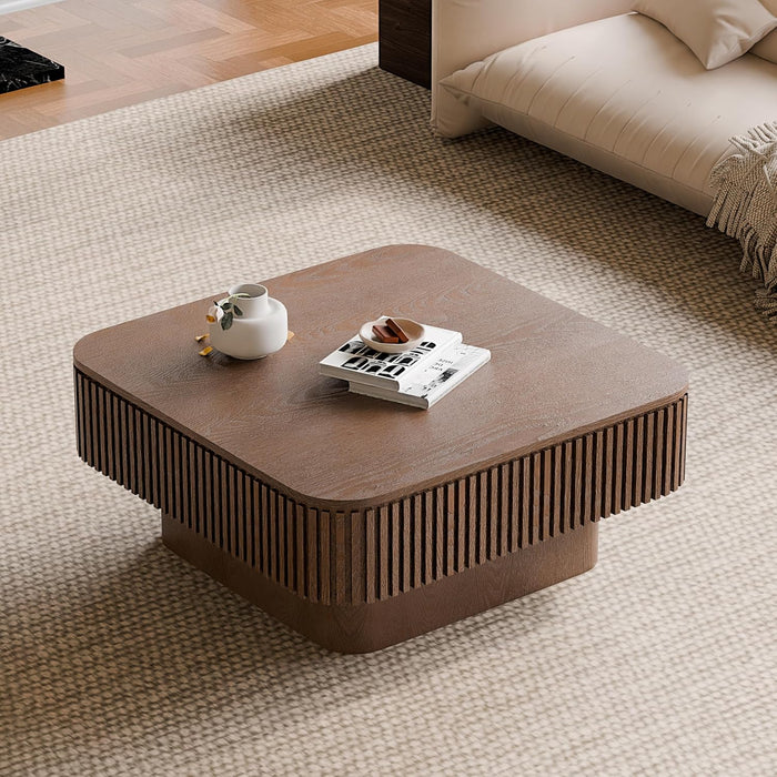 31.5 Inch Square Drum Coffee Table with Storage, Modern Handcraft Fluted Drum Coffee Table, Wooden Square Center Table Cocktail Tea Table with Sturdy Pedestal for Living Room Apartment (Walnut)