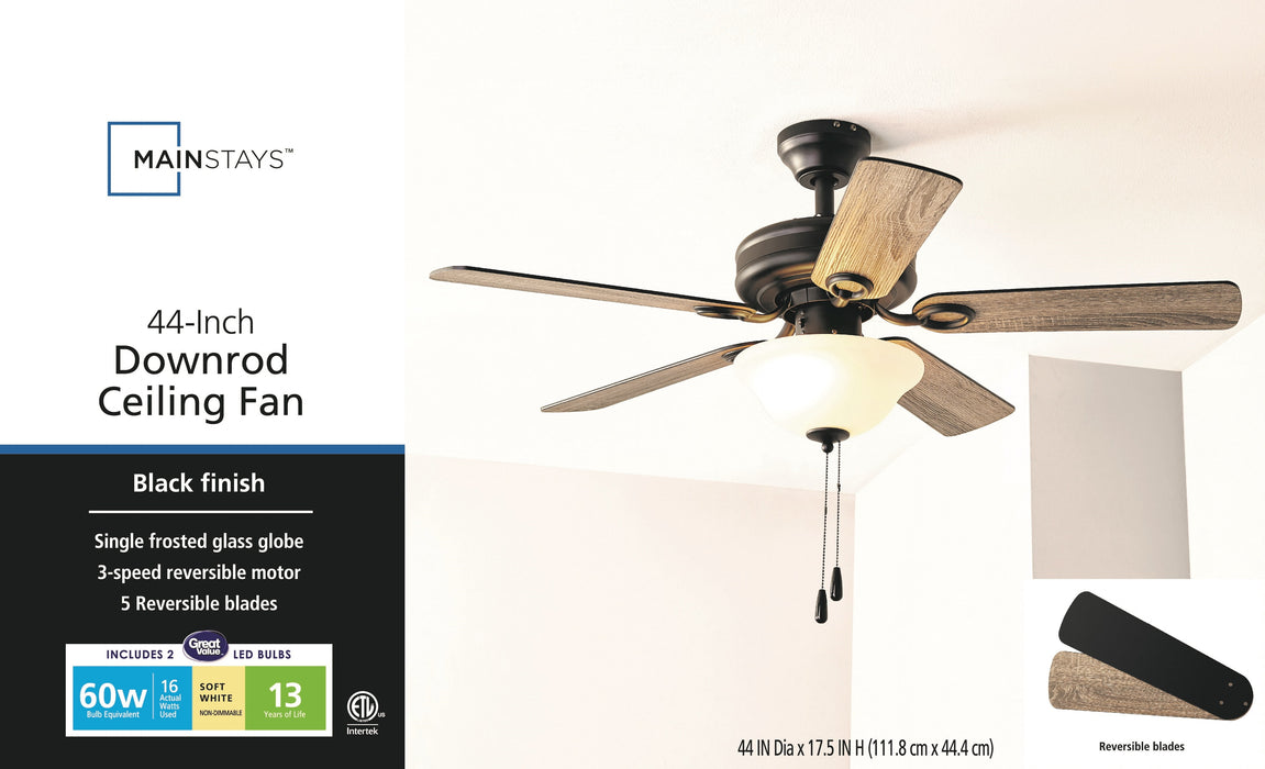 44" Black Indoor Ceiling Fan with Light, 5 Blades, Pull Chains & Reverse Airflow