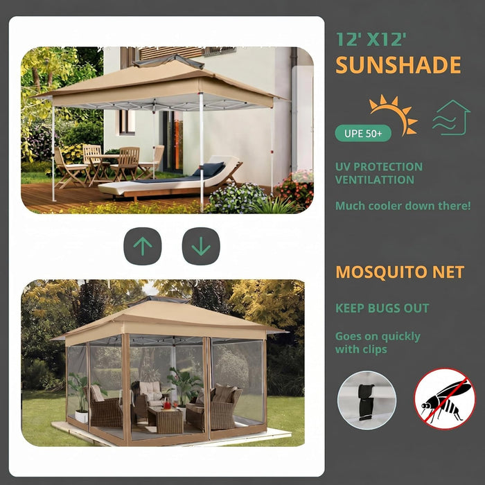 12X12 Pop up Gazebos on Clearance - Upgrade Easy up Metal Outdoor Gazebo Waterproof - Portable Gazebo with Mosquito Nettings, 4 Ropes 8 Stakes and Carry Bag for Patio Garden(Coffee)