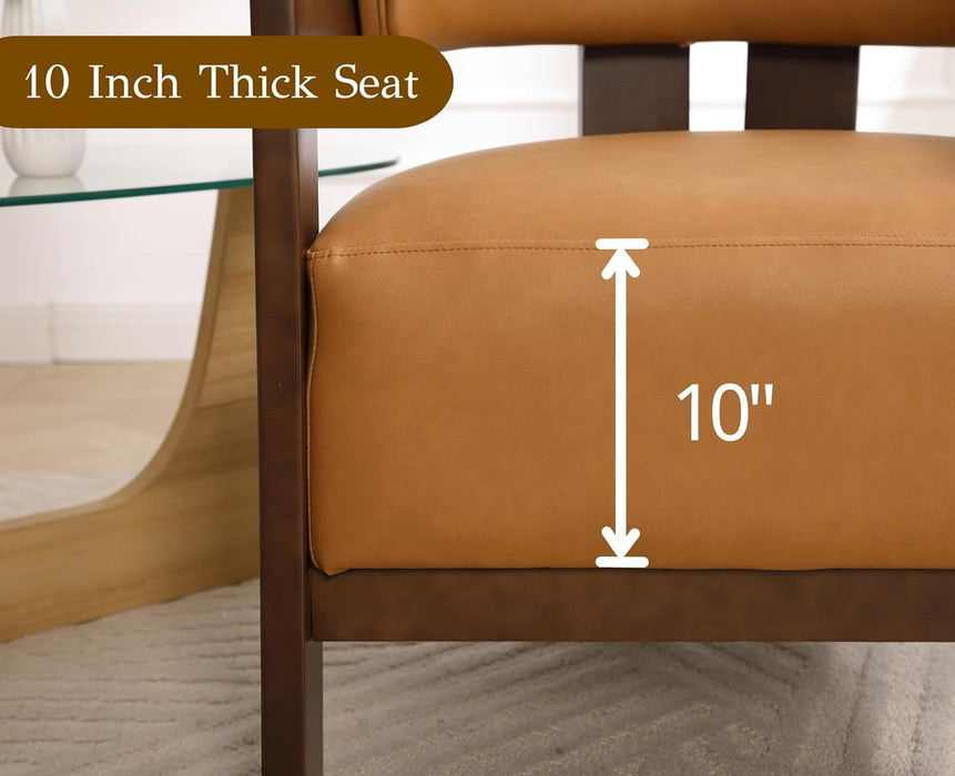 Barrel Accent Chair Modern Comfy Living Room Chair with Wooden Legs Mid Century Leather Upholstered Lounge Reading Armchair for Bedroom/Indoor Reading Nook/Corner/Office, Brown