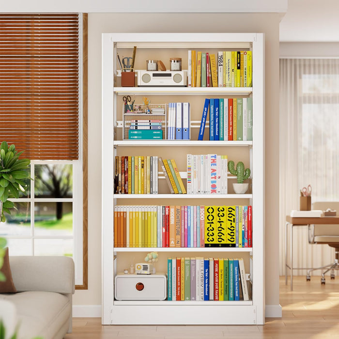 Bookshelf, 71" H Tall White Bookcase, 5-Tier Bookcase Metal Sturdy Bookshelf with Adjustable Shelves,Heavy Duty Book Cases for Living Room, Library, School, Study, Home Office