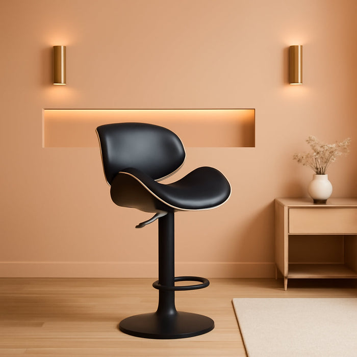 6 Black Large Bar Stools with Back 21" Wide Modern Swivel Adjustable Height Bar Chairs with Footrest PU Leather Upholstered Bentwood Barstools for Kitchen Counter Island 330LBS Load - ShipItFurniture