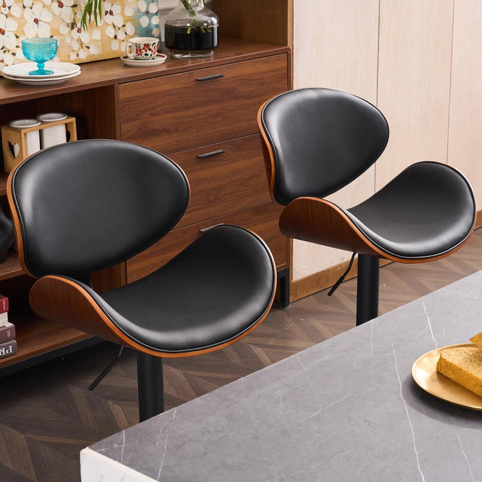 6 Black Large Bar Stools with Back 21" Wide Modern Swivel Adjustable Height Bar Chairs with Footrest PU Leather Upholstered Bentwood Barstools for Kitchen Counter Island 330LBS Load - ShipItFurniture