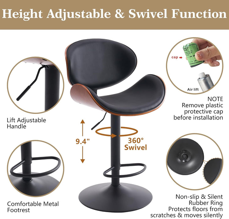 6 Black Large Bar Stools with Back 21" Wide Modern Swivel Adjustable Height Bar Chairs with Footrest PU Leather Upholstered Bentwood Barstools for Kitchen Counter Island 330LBS Load - ShipItFurniture